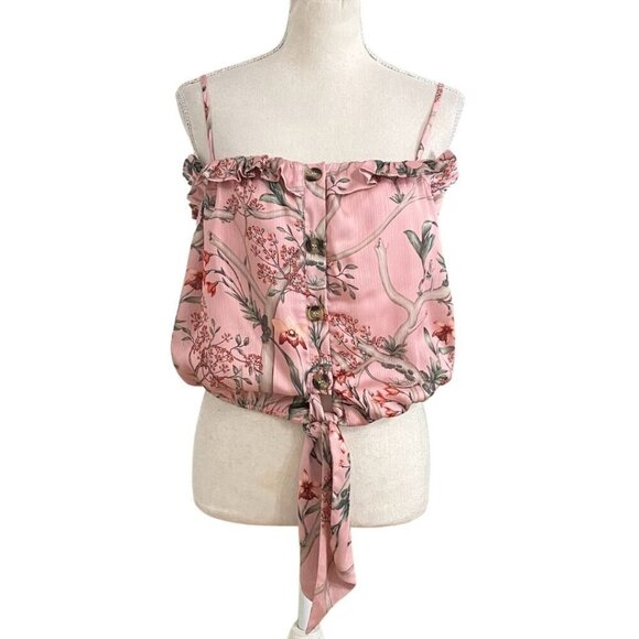 JOHANNA ORTIZ X H&M PINK FLORAL SATIN TIE-FRONT RUFFLE SLEEVELESS TOP - M - Picture 2 of 10